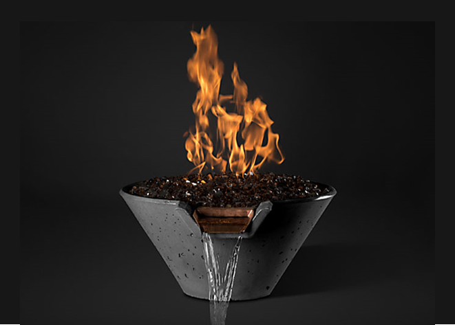 Slick Rock Concrete Cascade Conical Fire on Glass Water Bowl with Match Ignition